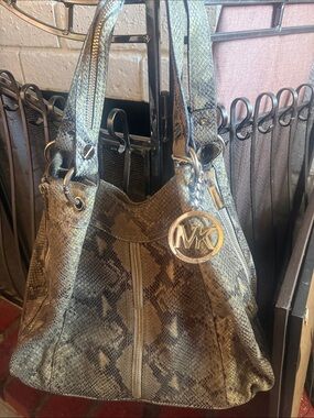 Michael Kors Olive Snake-Print Shoulder Bag with MK Charm